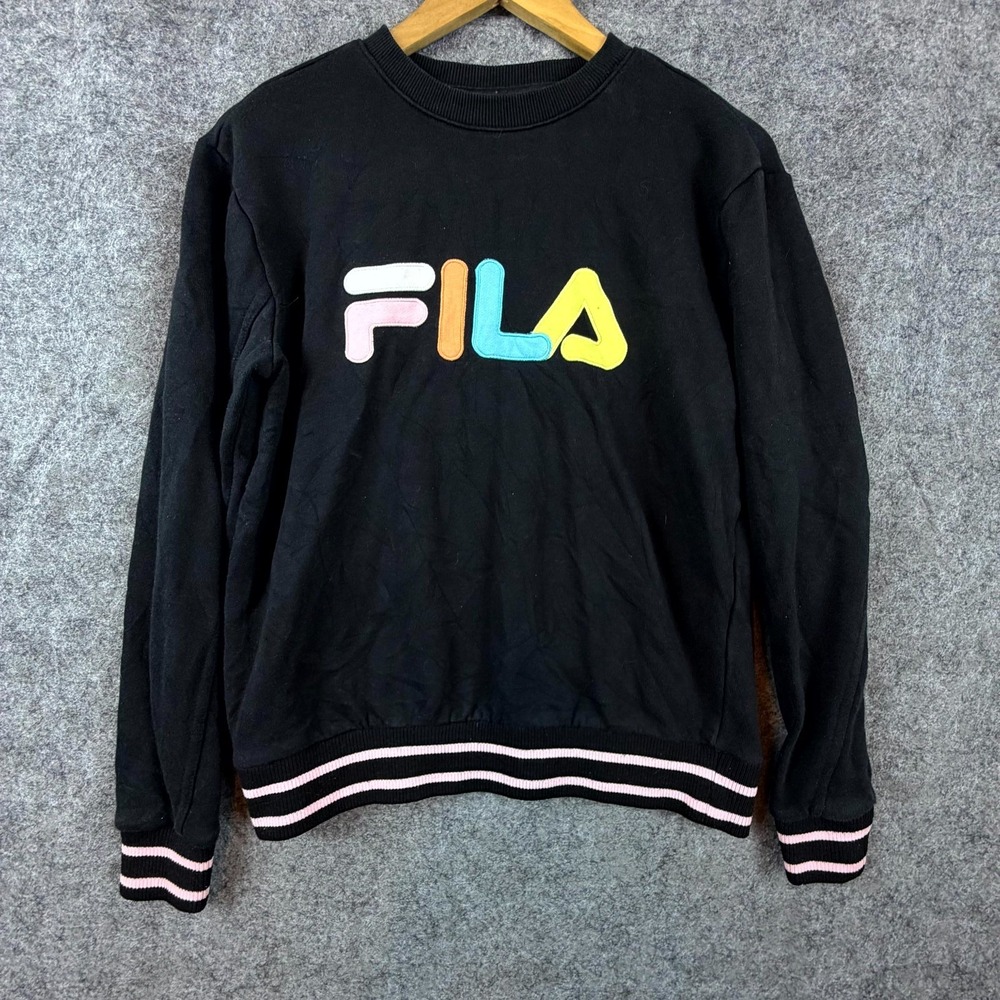 Vintage Fila Sweatshirt Womens Small Black Colorful Logo Crew‎ Neck Fleece Lined